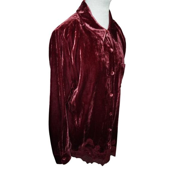 Soft Surroundings Red Velvet Blouse Womens Large Burgundy Lace Trim Long Sleeve - Picture 2 of 8